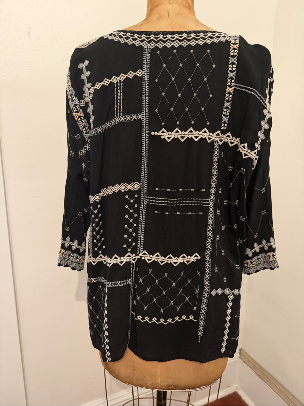 Johnny Was Black Floral Embroidered Tunic with Pink and Red Accents - Picture 2 of 7